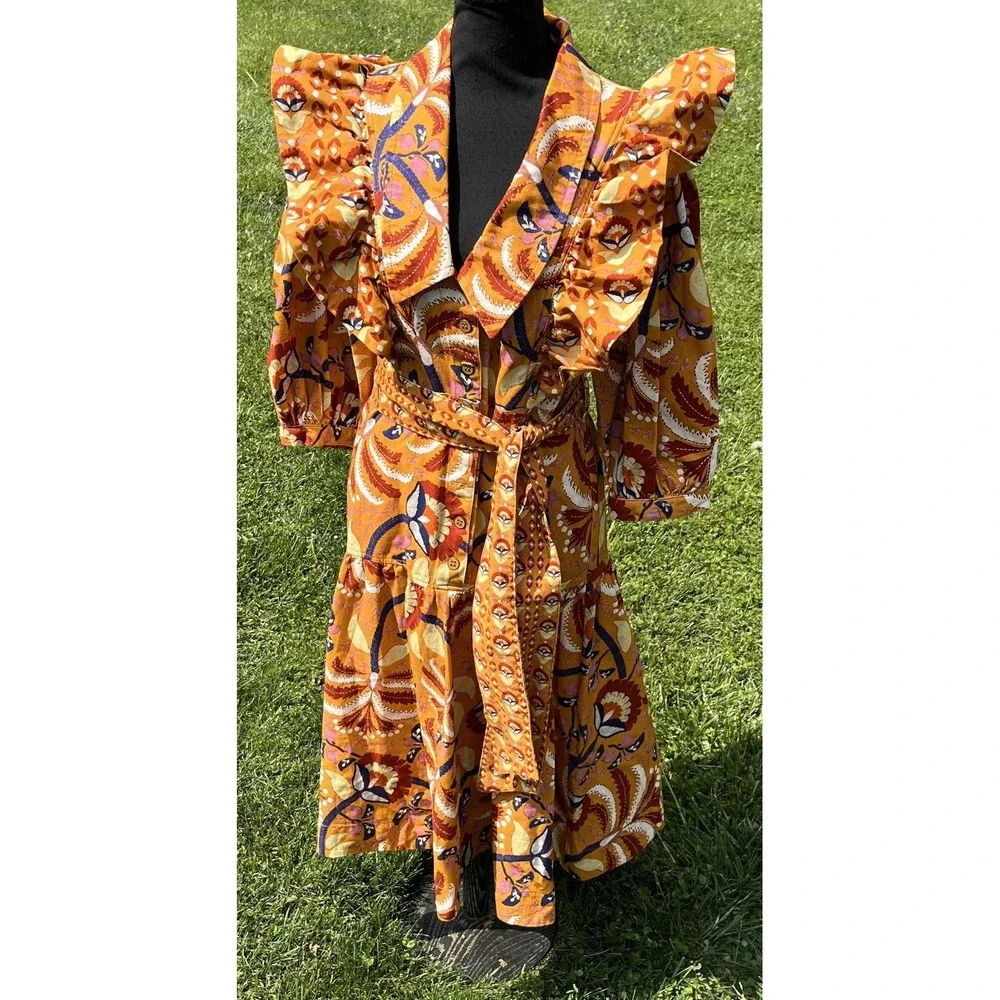 Farm Rio Shirt Dress Womens Small Yellow‎ Palms Party Midi Ruffle Belted Floral